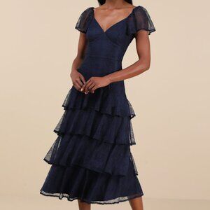 Lulus Graceful Darling Navy Lace Flutter Sleeve Tiered Midi Dress Blue